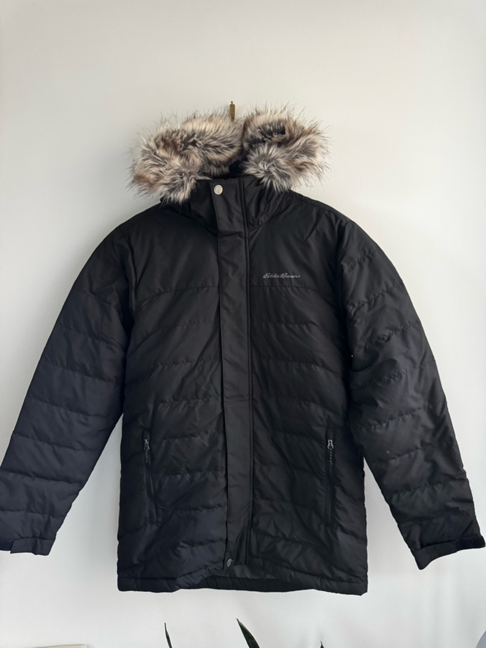 Eddie Bauer Black Men's Insulated Puffer Coat with Faux Fur Hood